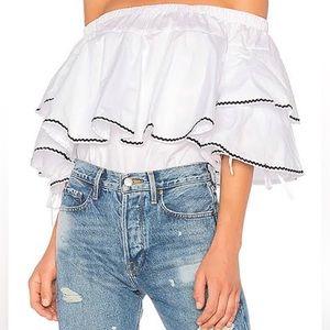 ENDLESS ROSE, 0ff the shoulder White Ruffled Blouse Size XS White w/Black RicRac